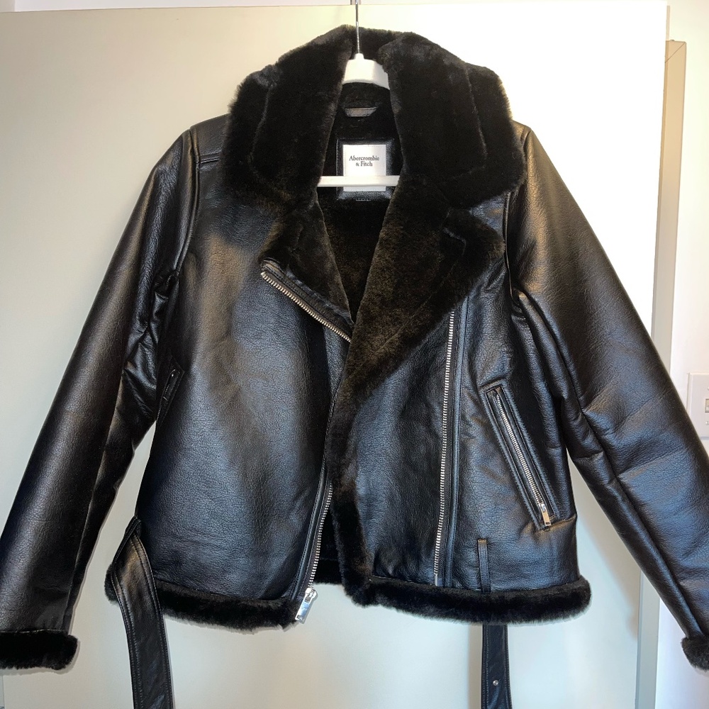 Abercrombie Black Faux Leather Faux Fur Moto Jacket